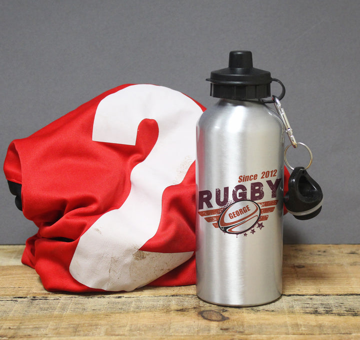 Personalised Rugby Silver Drinks Bottle in gift category Personalised Drinks Bottles