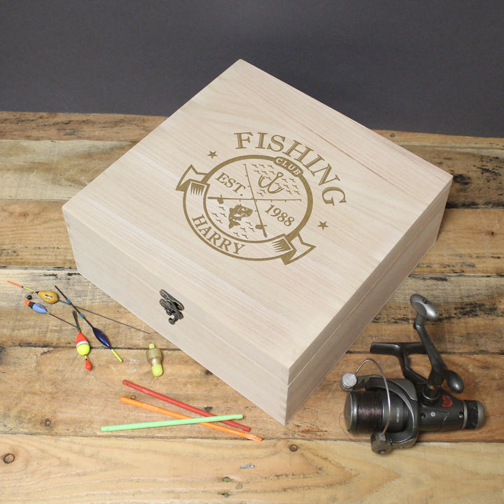 Buy Personalised Fishing Club Wooden Keepsake Box available now at www.giftsfinder.co.uk