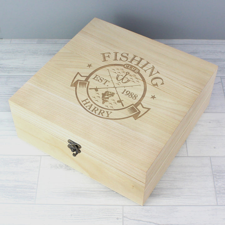 Buy Personalised Fishing Club Wooden Keepsake Box available now at www.giftsfinder.co.uk