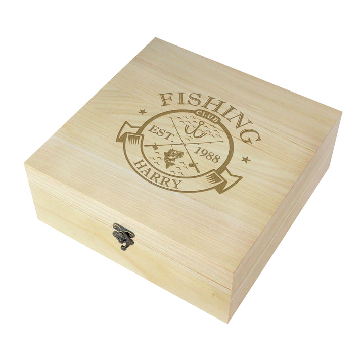 Buy Personalised Fishing Club Wooden Keepsake Box available now at www.giftsfinder.co.uk