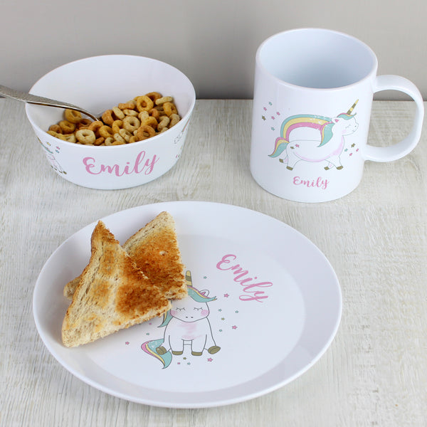 Personalised Unicorn Plastic Breakfast Set in gift category Personalised Childrens Breakfast Sets