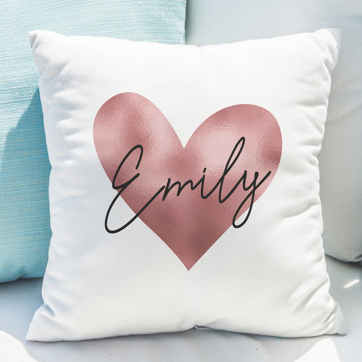 Buy Personalised Name Only Rose Gold Heart Cushion at www.giftsfinder.co.uk