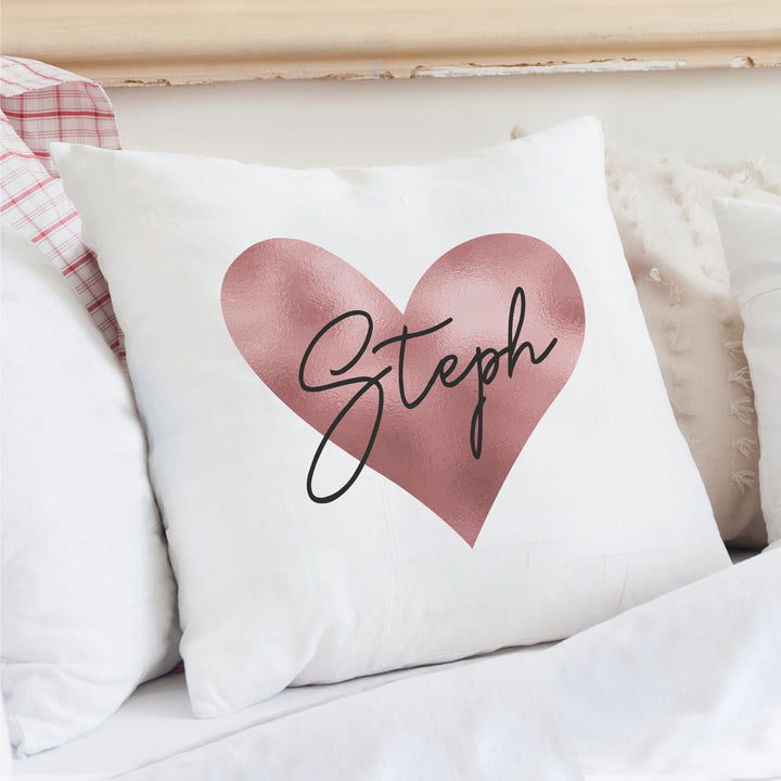 Buy Personalised Name Only Rose Gold Heart Cushion at www.giftsfinder.co.uk