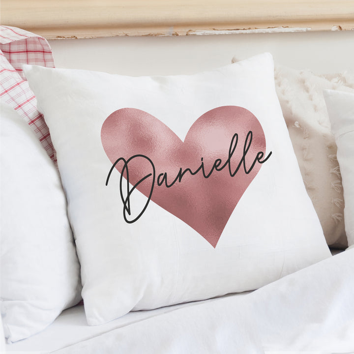 Buy Personalised Name Only Rose Gold Heart Cushion at www.giftsfinder.co.uk