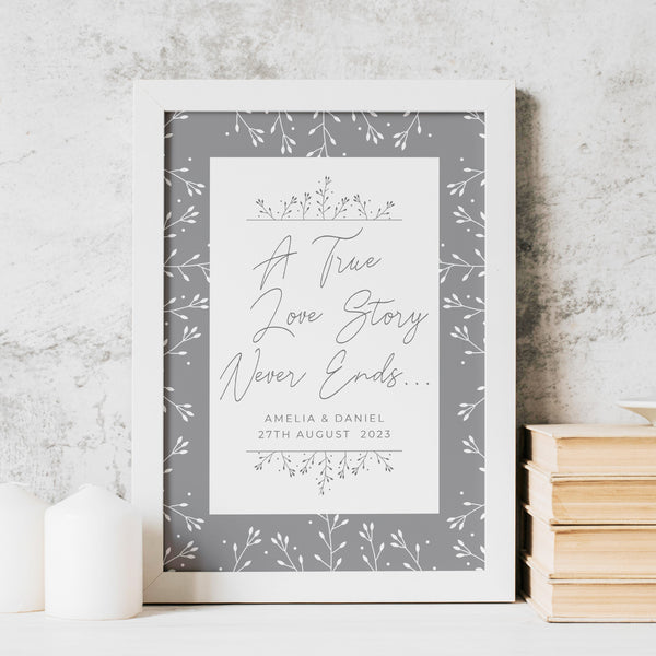 Personalised True Love Story A4 White Framed Print in gift category Personalised Framed Prints