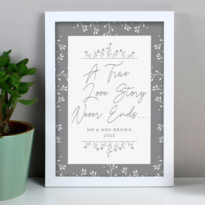 Personalised True Love Story A4 White Framed Print in gift category Personalised Framed Prints