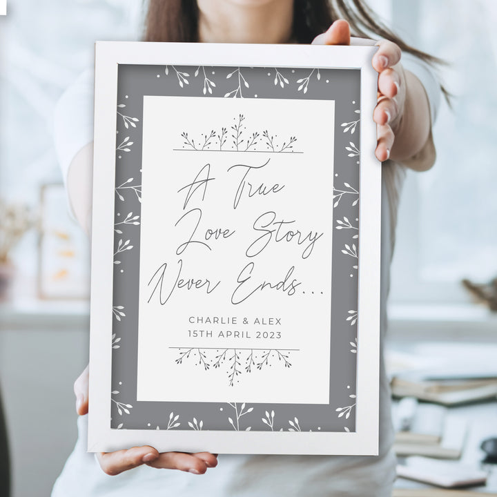 Personalised True Love Story A4 White Framed Print in gift category Personalised Framed Prints