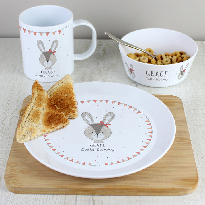 Buy Personalised Little Bunny Pink Plastic Breakfast Set available now at www.giftsfinder.co.uk