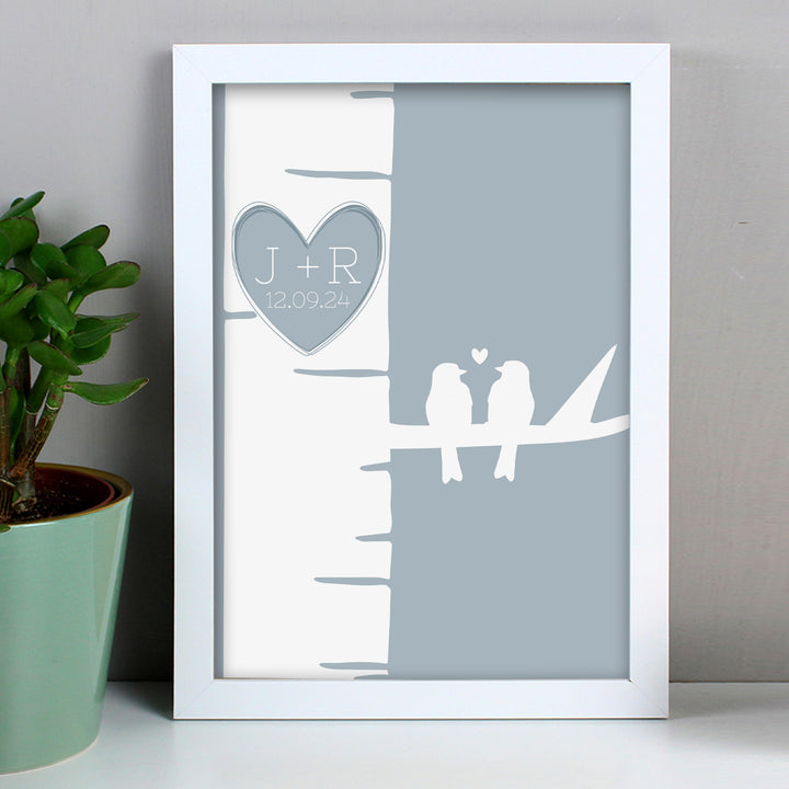 Buy Personalised Grey Love Birds White A4 Framed Print available now at www.giftsfinder.co.uk