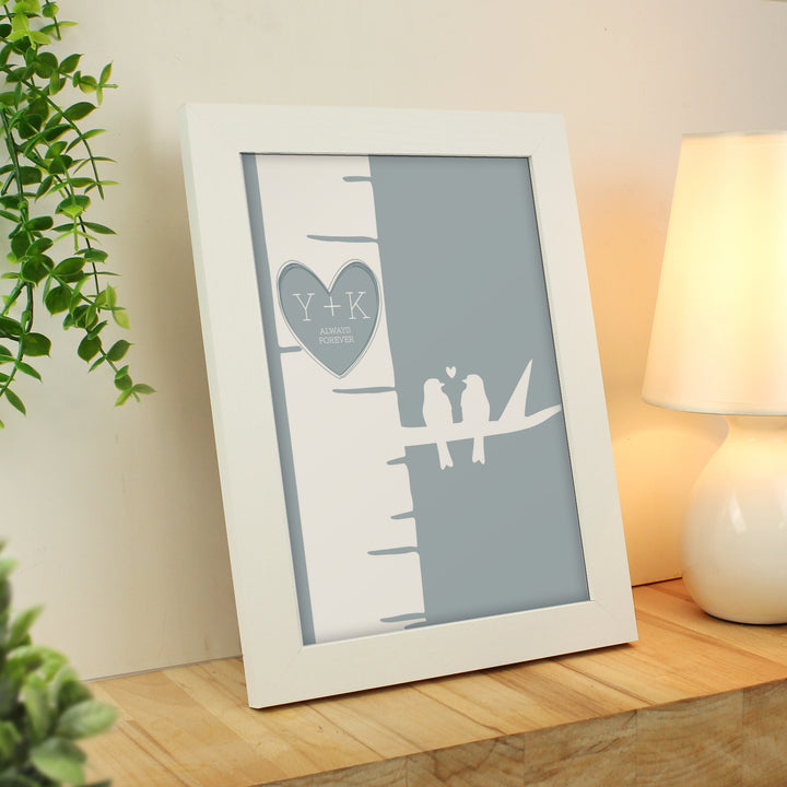 Buy Personalised Grey Love Birds White A4 Framed Print available now at www.giftsfinder.co.uk