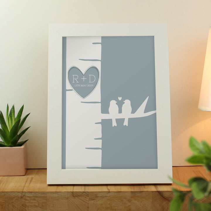 Buy Personalised Grey Love Birds White A4 Framed Print available now at www.giftsfinder.co.uk