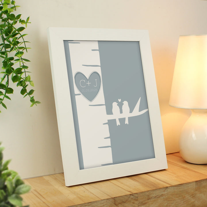 Buy Personalised Grey Love Birds White A4 Framed Print available now at www.giftsfinder.co.uk