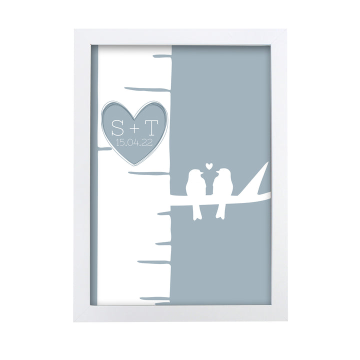 Buy Personalised Grey Love Birds White A4 Framed Print available now at www.giftsfinder.co.uk