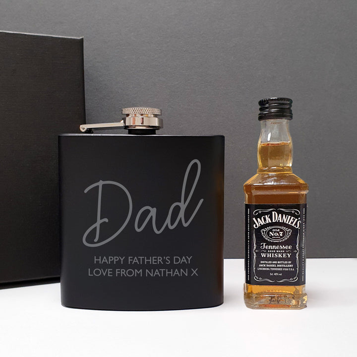 Personalised Free Text Hipflask And Whiskey Miniature Set - part of the Gifts Finder Personalised Whisky Glasses, Decanters & Gift Sets collection