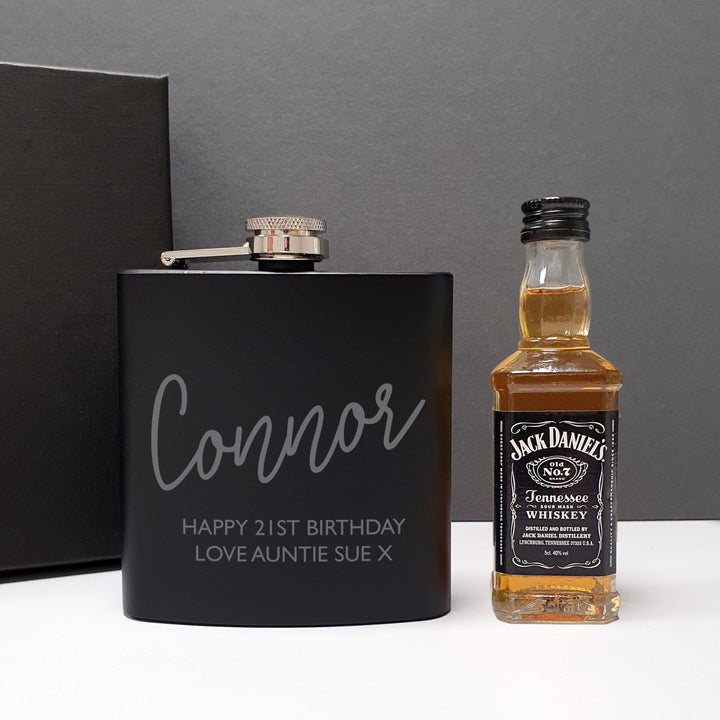 Personalised Free Text Hipflask And Whiskey Miniature Set - part of the Gifts Finder Personalised Whisky Glasses, Decanters & Gift Sets collection