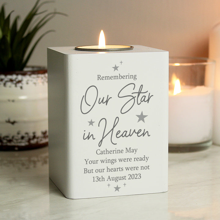 Buy Personalised Our Star In Heaven White Wooden Tea light Holder at www.giftsfinder.co.uk