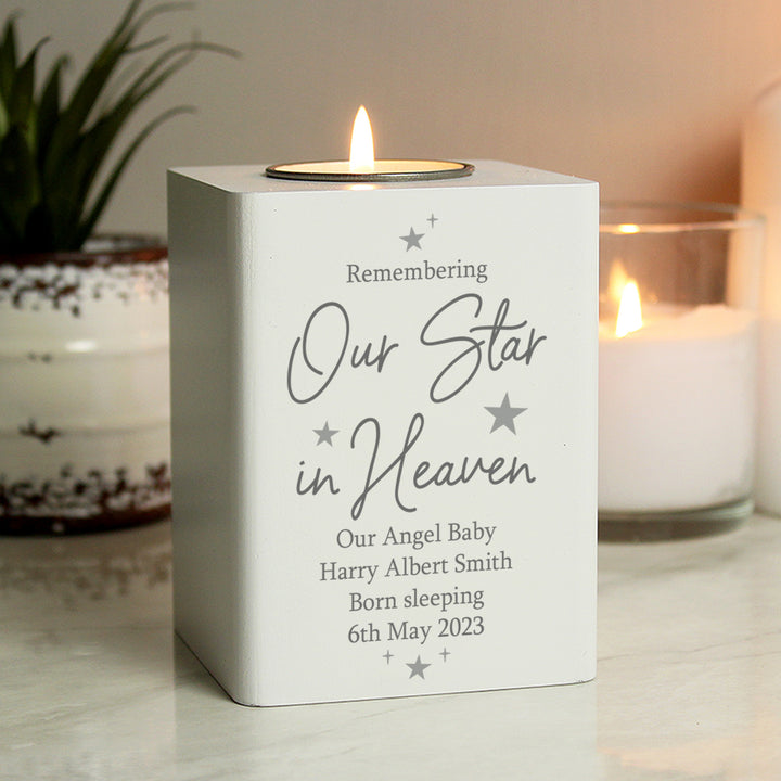 Buy Personalised Our Star In Heaven White Wooden Tea light Holder at www.giftsfinder.co.uk