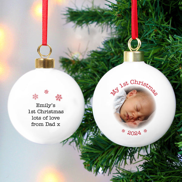 Buy Personalised 1st Christmas Photo Upload Bauble available now at www.giftsfinder.co.uk