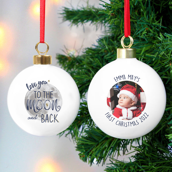 Buy Personalised Moon & Back Photo Upload Bauble available now at www.giftsfinder.co.uk