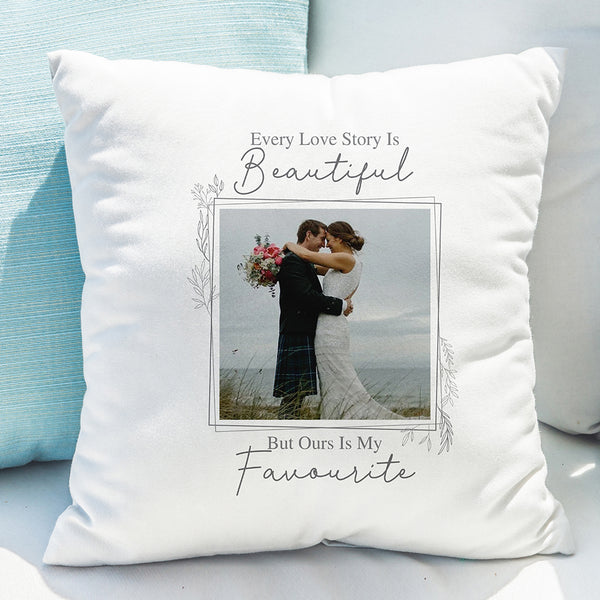 Buy Personalised Love Story Photo Upload Cushion available now at www.giftsfinder.co.uk