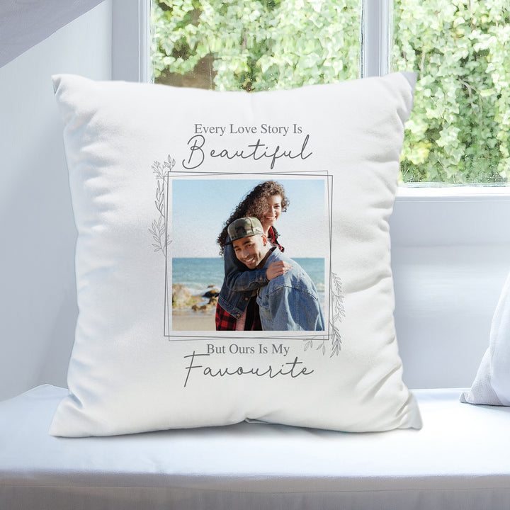 Buy Personalised Love Story Photo Upload Cushion available now at www.giftsfinder.co.uk