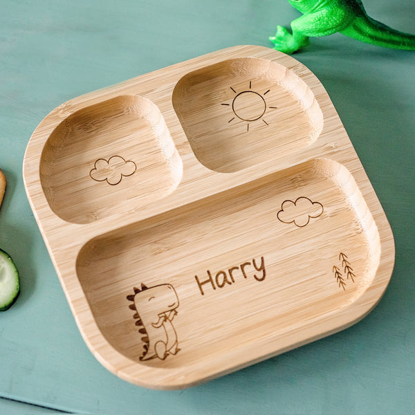 Buy Personalised Dinosaur Bamboo Suction Plate & Spoon available now at www.giftsfinder.co.uk