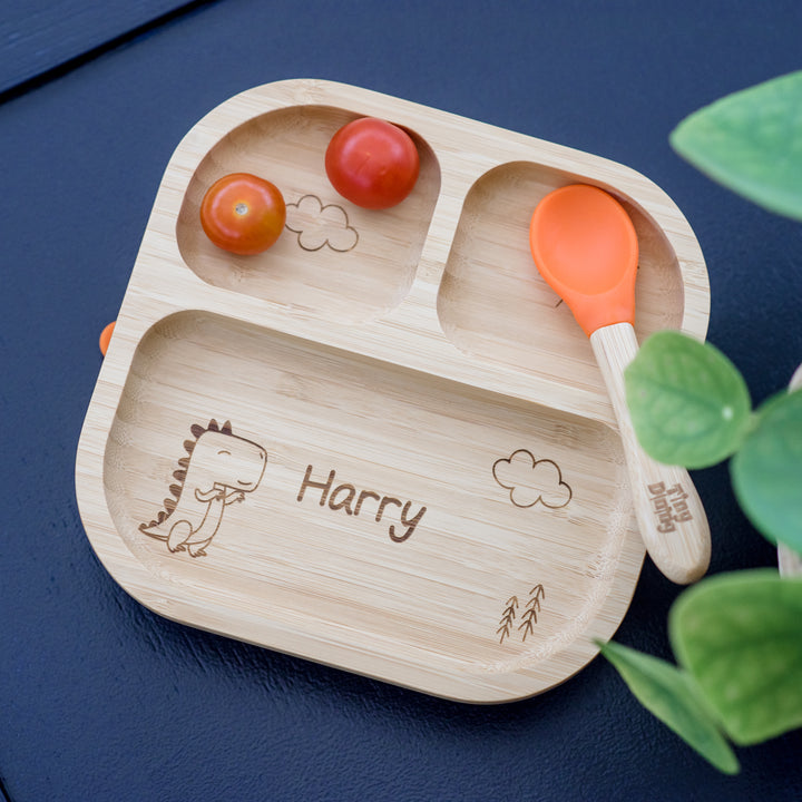 Buy Personalised Dinosaur Bamboo Suction Plate & Spoon available now at www.giftsfinder.co.uk