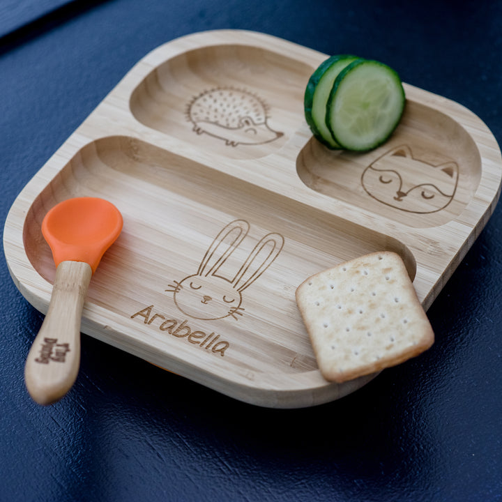 Personalised Woodland Bamboo Suction Plate & Spoon in gift category Personalised Childrens Food Plates & Sets