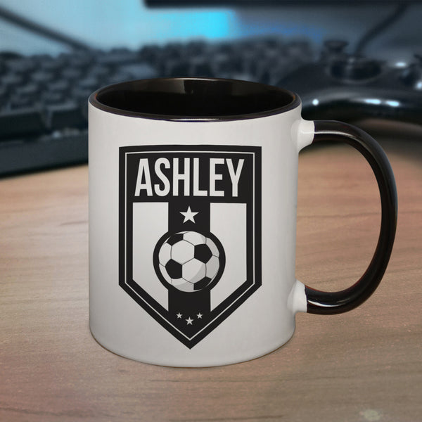 Buy Personalised Football Badge Black Handled Mug available now at www.giftsfinder.co.uk