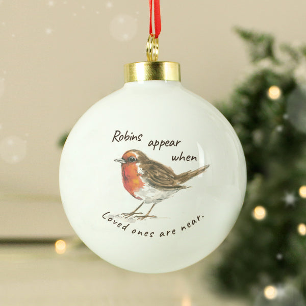 Personalised Robins Appear Bauble in gift category Personalised Christmas Decorations