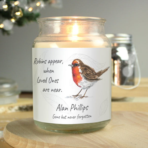 Personalised Robins Appear Large Scented Jar Candle in gift category Personalised Candles