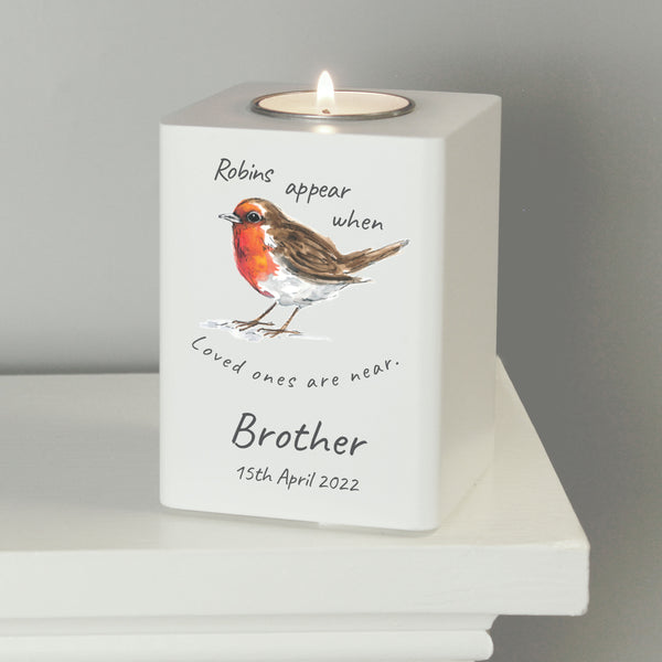 Personalised Robins Appear White Wooden Tea light Holder in gift category Personalised Tea Light Holders