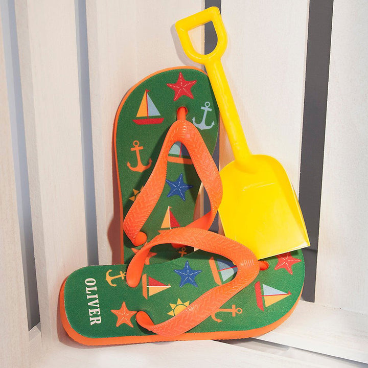 All The Fun At The Beach Child's Personalised Flip Flops In Green () available to buy now at www.giftsfinder.co.uk