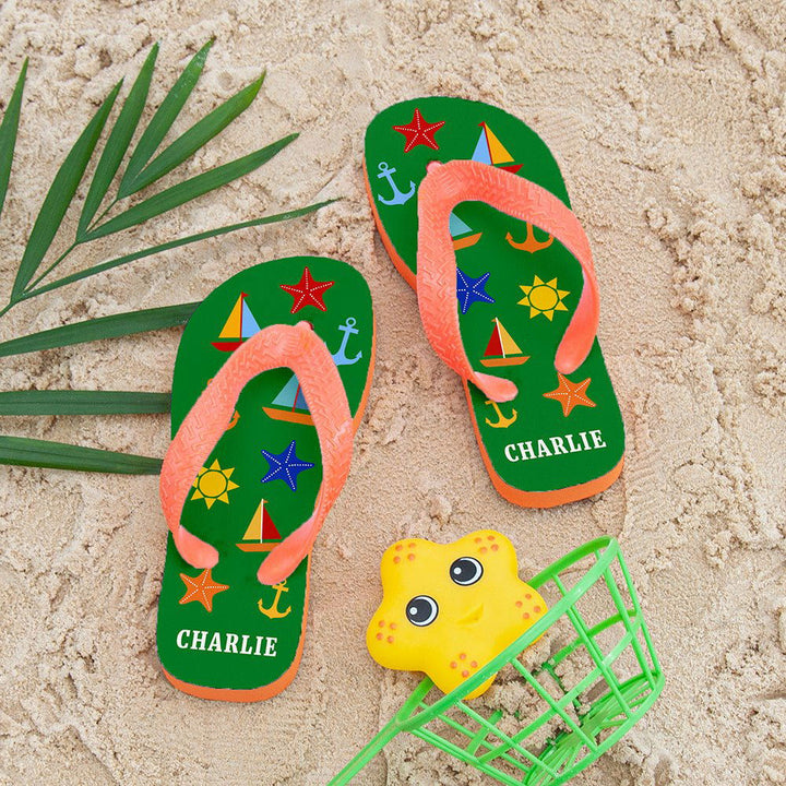 All The Fun At The Beach Child's Personalised Flip Flops In Green () available to buy now at www.giftsfinder.co.uk