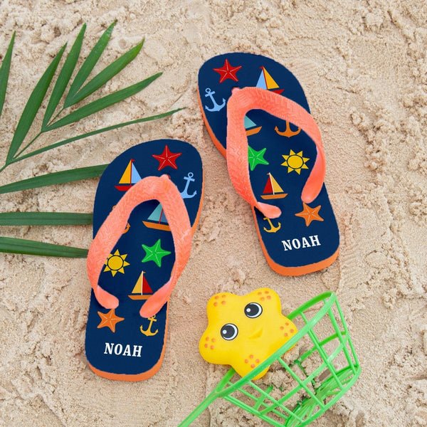 All The Fun At The Beach Child's Personalised Flip Flops In Navy (Personalised Kids Flip Flops) available to buy now at www.giftsfinder.co.uk