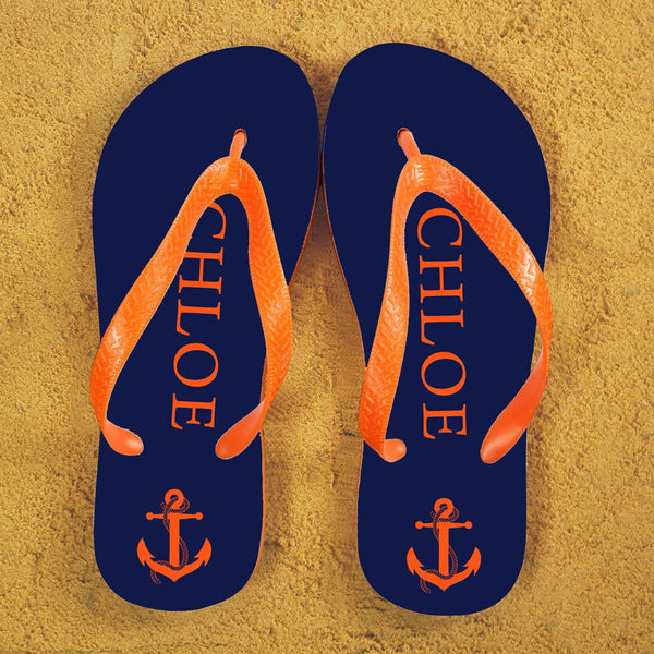 Anchor style Personalised Flip Flops in Blue and Orange (Personalised Kids Flip Flops) available to buy now at www.giftsfinder.co.uk