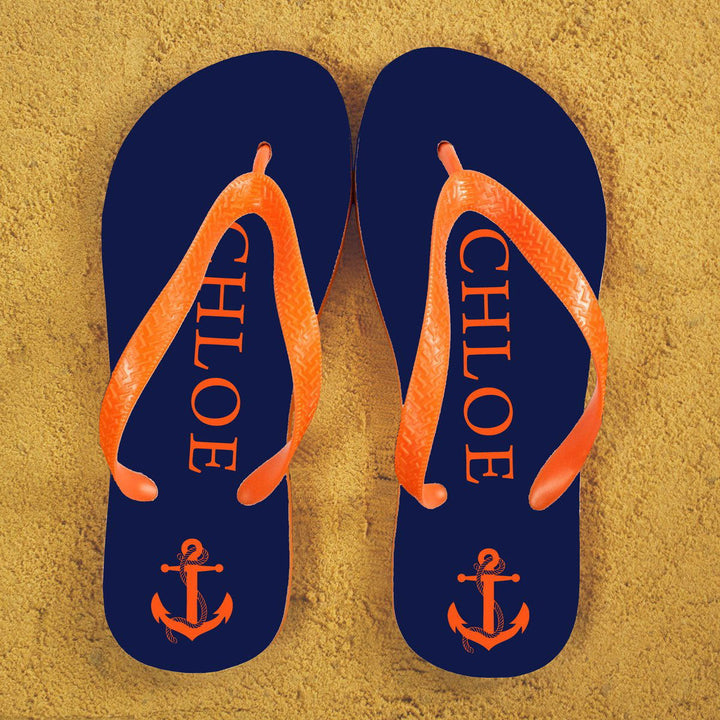 Anchor style Personalised Flip Flops in Blue and Orange (Personalised Kids Flip Flops) available to buy now at www.giftsfinder.co.uk