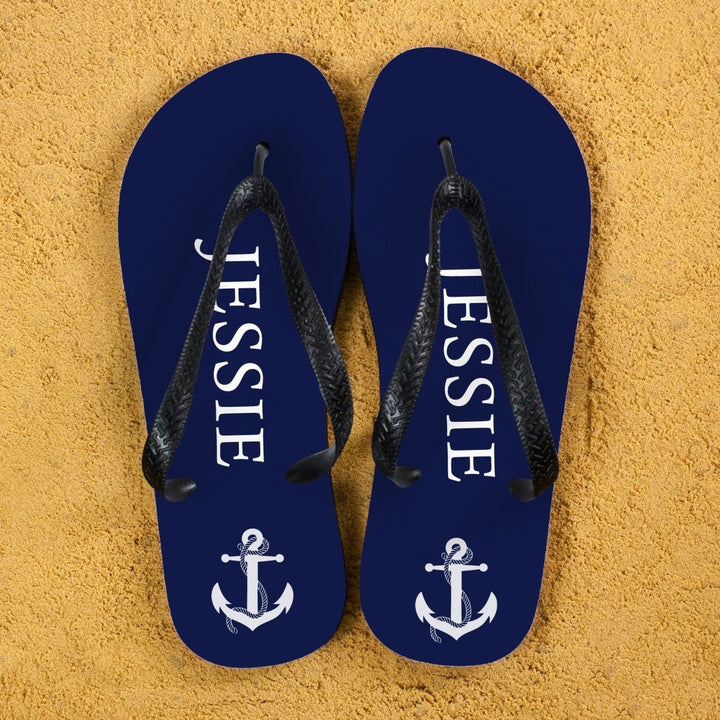 Anchor style Personalised Flip Flops in Blue and White (Personalised Kids Flip Flops) available to buy now at www.giftsfinder.co.uk