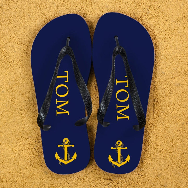 Anchor style Personalised Flip Flops in Blue and Yellow (Personalised Kids Flip Flops) available to buy now at www.giftsfinder.co.uk