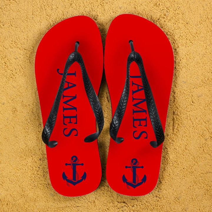 Anchor style Personalised Flip Flops in Red and Blue (Personalised Kids Flip Flops) available to buy now at www.giftsfinder.co.uk