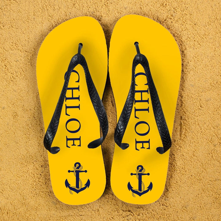 Anchor style Personalised Flip Flops in Yellow and Blue (Personalised Kids Flip Flops) available to buy now at www.giftsfinder.co.uk