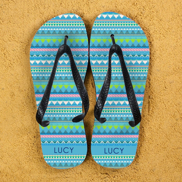 Aztec style Personalised Flipflops in Blue (Personalised Kids Flip Flops) available to buy now at www.giftsfinder.co.uk