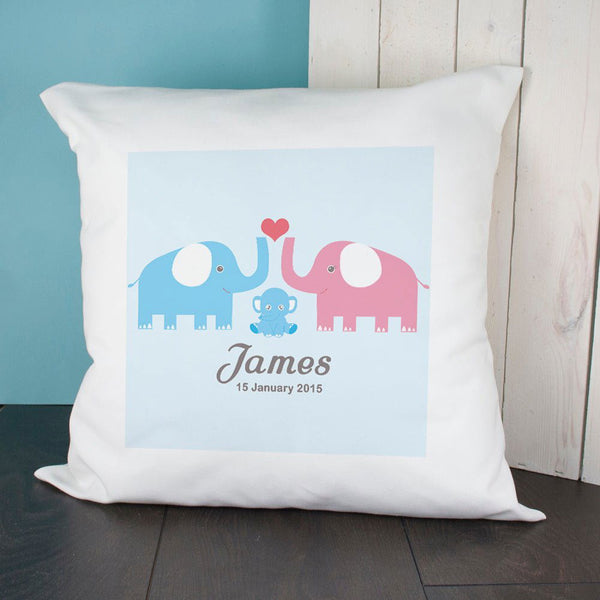 Baby Cushion Cover - Elephants (Blue) (Personalised Cushion Covers) available to buy now at www.giftsfinder.co.uk