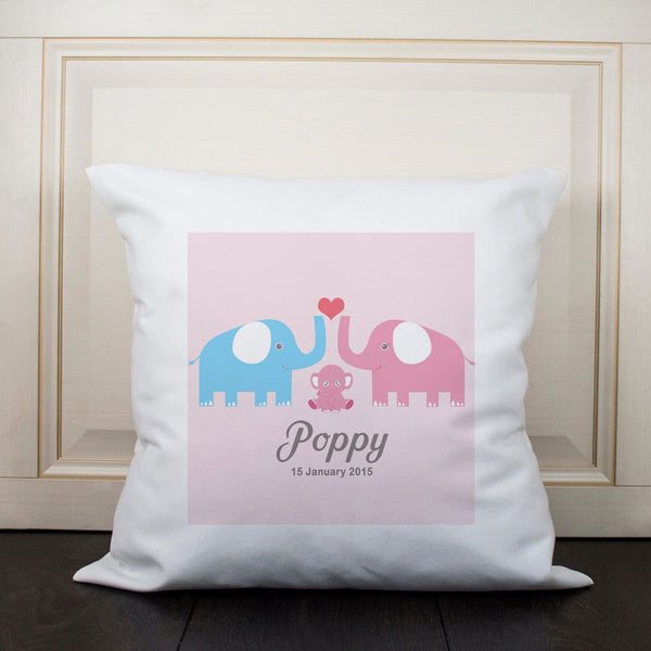 Baby Cushion Cover - Elephants (Pink) (Personalised Cushion Covers) available to buy now at www.giftsfinder.co.uk