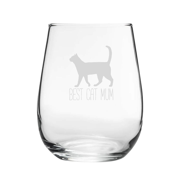 Best Cat Mum - Engraved Novelty Stemless Wine Gin Tumbler - available to buy online at www.giftsfinder.co.uk