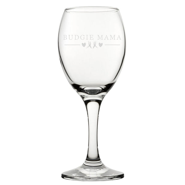 Budgie Mama - Engraved Novelty Wine Glass - available to buy online at www.giftsfinder.co.uk