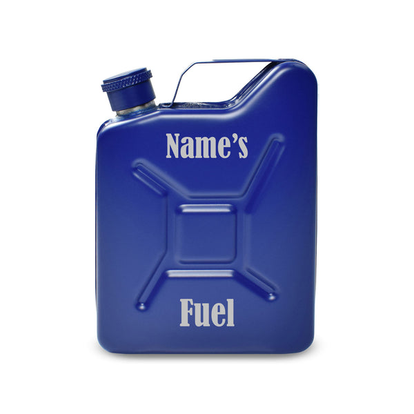 Engraved Blue Jerry Can Hip Flask With Fuel Design - part of the  collection