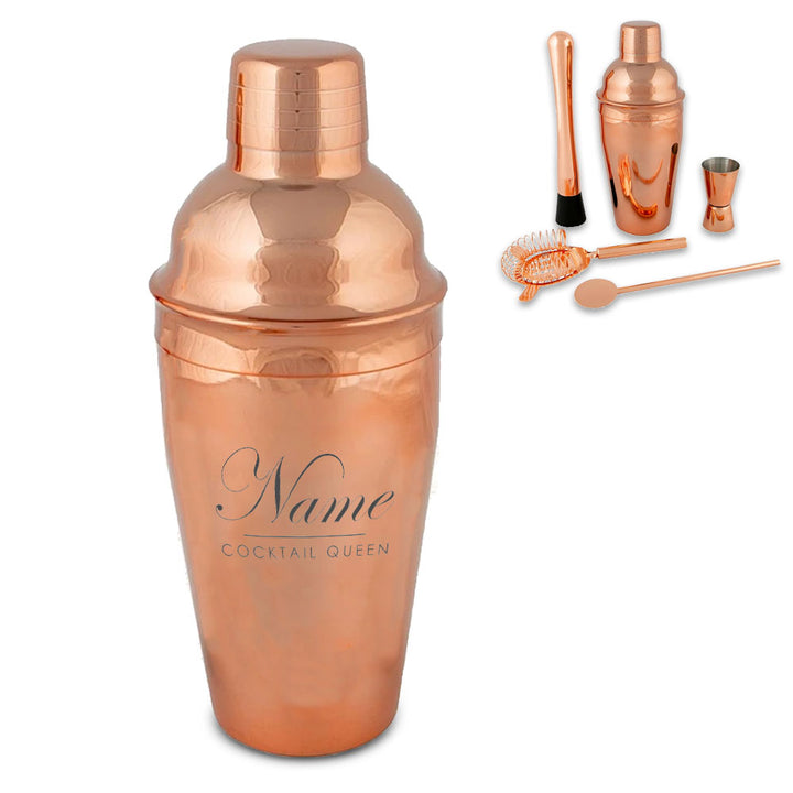 Engraved Rose Gold Cocktail Shaker Set with Cocktail Queen Design - part of the Gifts Finder  collection