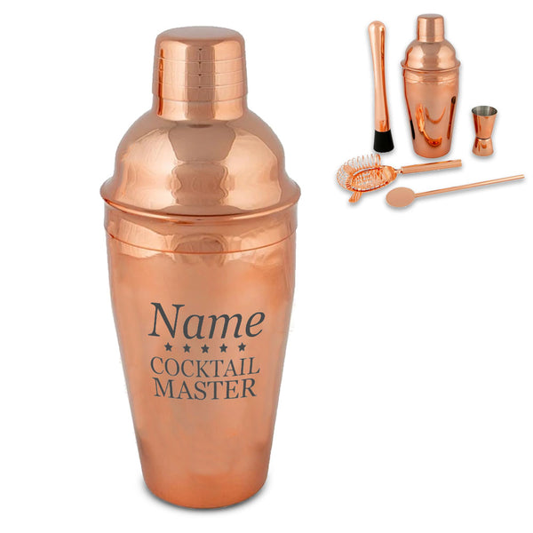 Engraved Rose Gold Cocktail Shaker Set with Cocktail Master Design - part of the Gifts Finder  collection