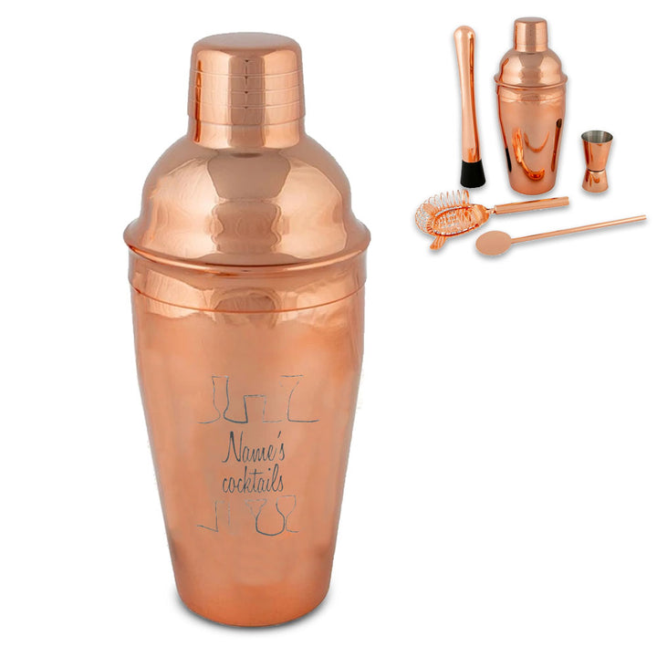 Engraved Rose Gold Cocktail Shaker Set with Cocktail Design - part of the Gifts Finder  collection